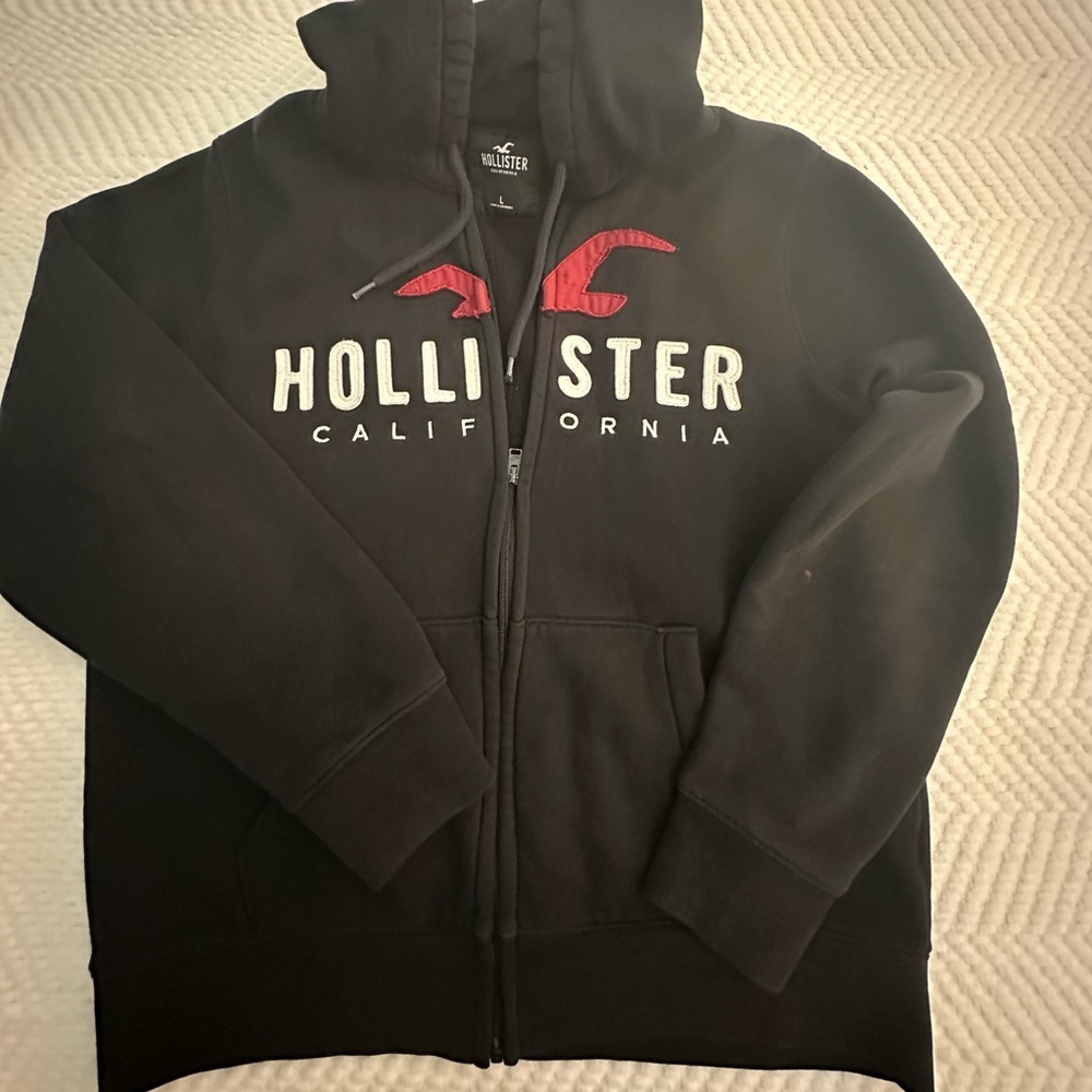 Hollister Black Zip-Up Hoodie with Red Accents - Men’s Large